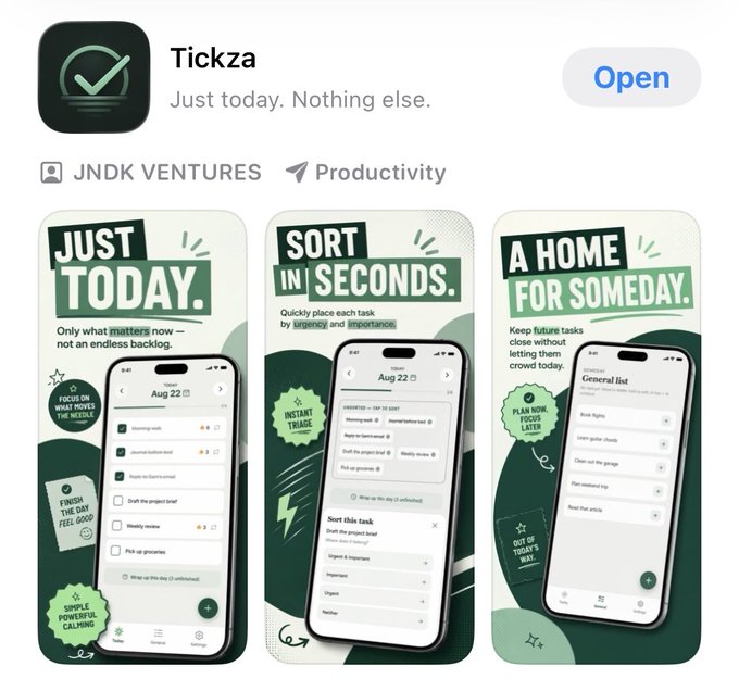 An App Store listing screenshot for 'Tickza,' a productivity app by JNDK Ventures with the tagline 'Just today. Nothing else,' showing three promotional phone screenshots.