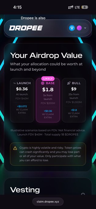 The image shows a screenshot of an Airdrop app with a detailed account of the project being managed within it. The app displays various cryptocurrency values, including $1.8, $3.5, and $9, among other options. Users may claim tokens for this particular project by paying around 0.12 TON in gas fees. This highlights the importance of consistent contributions and engagement to support the project's development and growth.