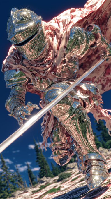 A highly detailed, ornate knight in elaborate gold and silver armor with flowing pink fabric, wielding a glowing sword in a dramatic pose against a mountainous landscape.