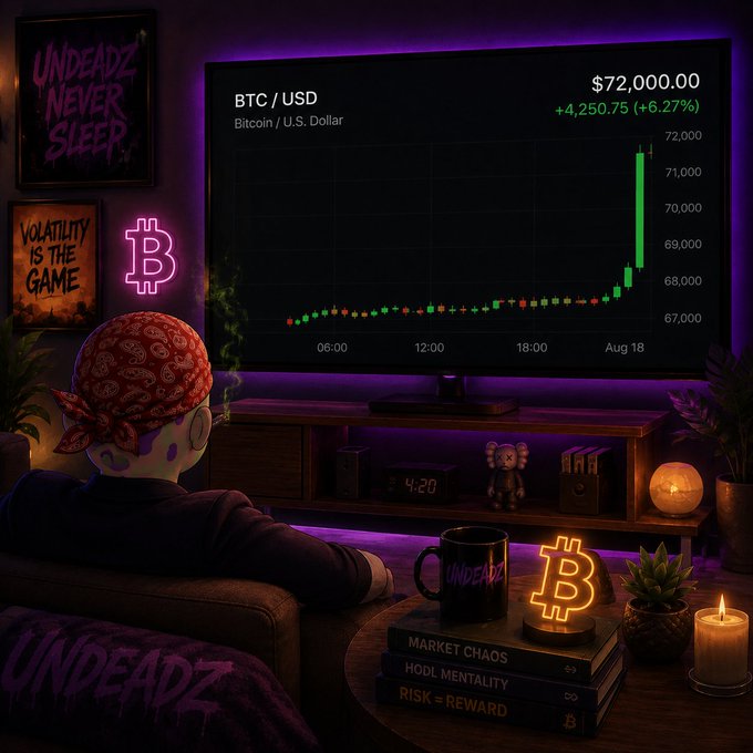 A person wearing a red bandana watching a BTC/USD chart showing Bitcoin at $72,000 (+$4,250.75, +6.27%) in a neon-lit room with "UNDEADZ NEVER SLEEP" and "VOLATILITY IS THE GAME" posters, alongside books titled "MARKET CHAOS", "HODL MENTALITY", and "RISK = REWARD".