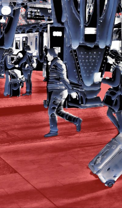 A heavily stylized or AI-distorted image showing dark, glossy figures and sculptures on a red carpet, with a person running through the scene.
