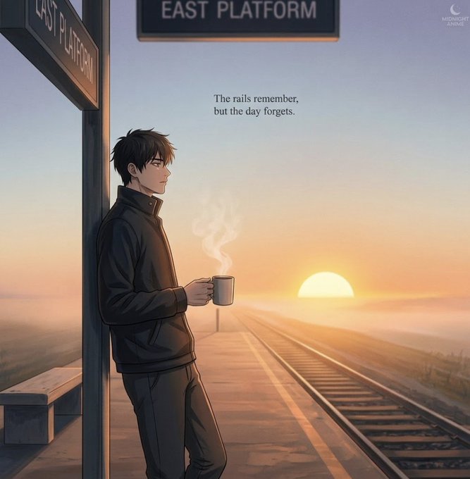 An anime-style illustration of a young man in a dark hoodie holding a steaming mug at a train station, standing beneath an 'EAST PLATFORM' sign with the text 'The rails remember, but the day forgets.' at sunset.