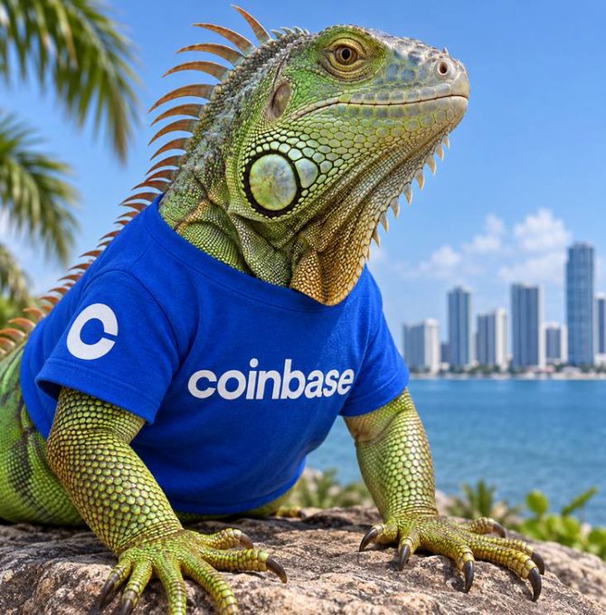 A green iguana wears a blue t-shirt with the "coinbase" logo and text, set against a Miami waterfront skyline. The image humorously represents the post's mention of "aping" Coinbase CEO Brian Armstrong's pet iguana into a token called $SPIKE.