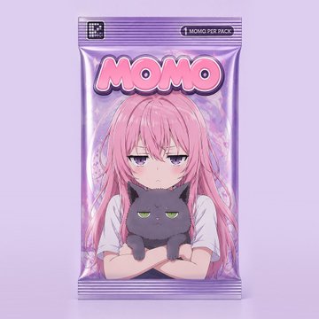 An anime-style illustration of a pink-haired character labeled 'MOMO' in a holographic trading card pack design.