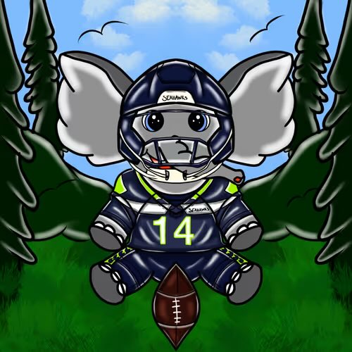 A digital illustration of a cartoon elephant mascot wearing a Seattle Seahawks football uniform with the number 14, sitting next to a football.