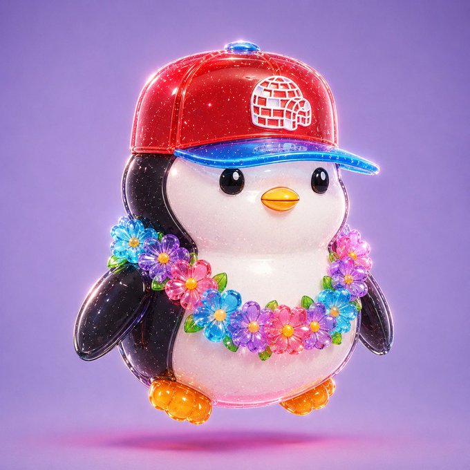 A sparkly penguin figurine wearing a red glittery baseball cap and a colorful flower lei, set against a purple background.