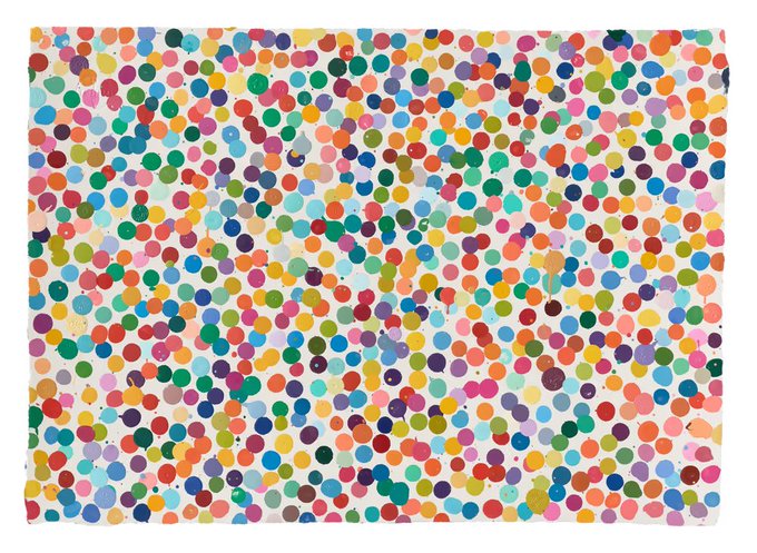 A colorful abstract artwork composed of densely packed polka dots in various colors resembling a Damien Hirst style painting.