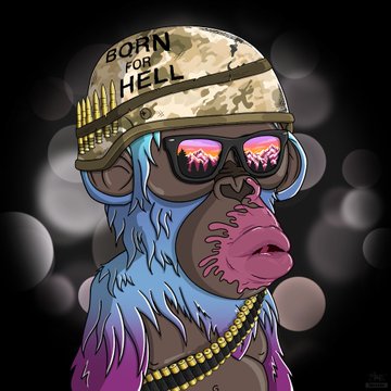 A digital illustration of a blue and pink Bored Ape-style monkey wearing a camouflage helmet with 'BORN FOR HELL' text and bullet bandoliers, along with sunglasses reflecting a fiery scene.