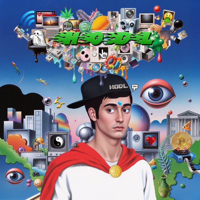 The image features an illustration of a man wearing a red cape, a black baseball cap with the word "HODL" written on it, and a gold medallion around his neck. The background includes various objects such as TVs, clocks, and other electronics, along with some text that reads "GM WEB3 I’ll be taking the weekend off between IRL work and some well deserved downtime. Wishing everyone a great weekend!".