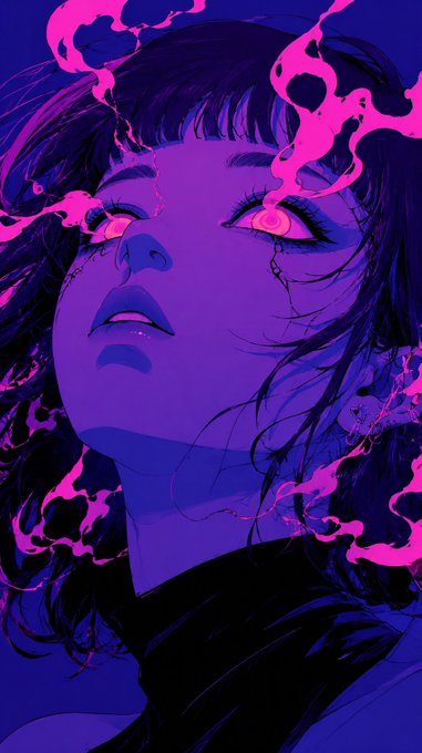 A stylized digital illustration of a woman with dark hair and purple skin tones, featuring glowing pink energy or flames emanating from her eyes against a dark blue background.