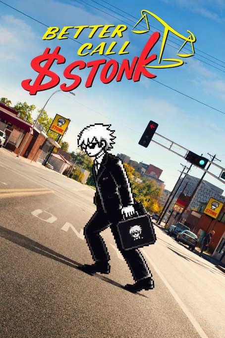 A pixelated figure in a suit carries a briefcase across an intersection under the "Better Call $STONK" title, mimicking the iconic "Better Call Saul" logo. The image playfully frames a casual, vibe-based investment stance on $STONK and $KNOTS, suggesting the poster is "hiring" the ticker as their financial advisor.