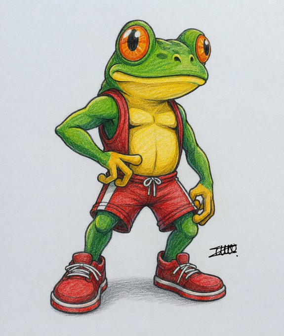 A colored pencil drawing of an anthropomorphic green tree frog with orange eyes, wearing red shorts and red sneakers, posed confidently with one hand on its hip, signed with 'JH00' in the corner.
