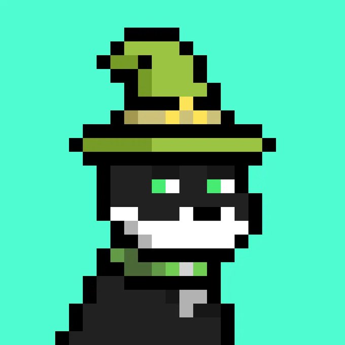 A pixel art character with green glowing eyes, a wide smile, and a green star-shaped hat stands against a teal background.
