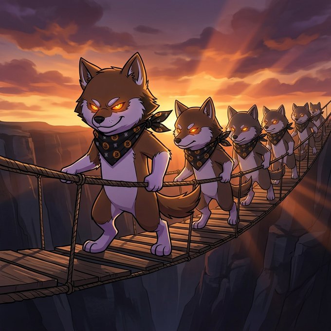 An anime-style illustration of a pack of anthropomorphic wolves with glowing orange eyes and bandanas crossing a rope bridge over a canyon at sunset.