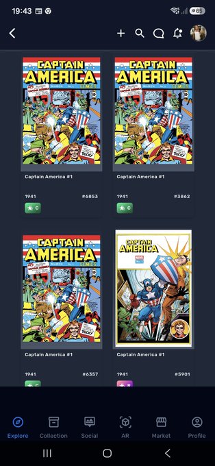 A mobile app screen displaying four Captain America #1 comic book collectibles (editions #6853, #3862, #6357, and #5901) from 1941.