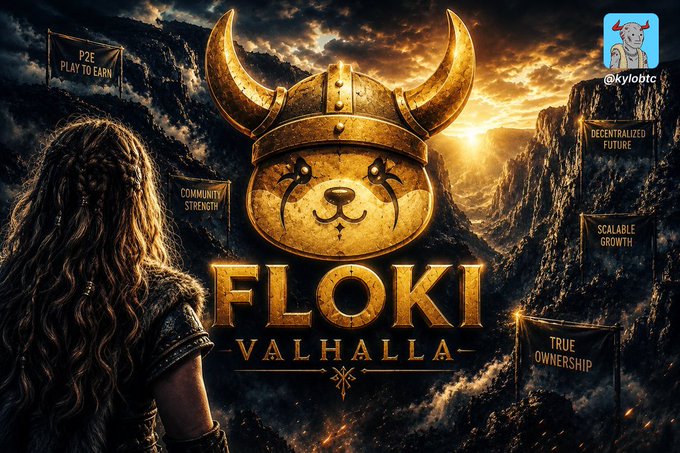 The image features a woman with long hair wearing a Viking helmet, standing against a backdrop of mountains and clouds. The text "FLOKI" is prominently displayed above her head, while "Valhalla" is written below her. The caption reads "True ownership gives it the Web3 angle And the community is still one of the loudest in the space FLOKI has attention, product, and a whole world being built around it".