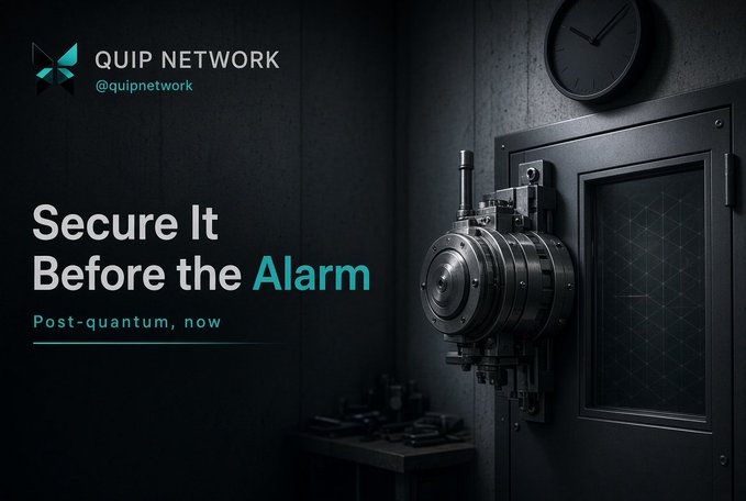 A Quip Network promotional graphic shows a heavy bank-vault door and combination lock beside the text: “Secure It Before the Alarm” and “Post-quantum, now.”