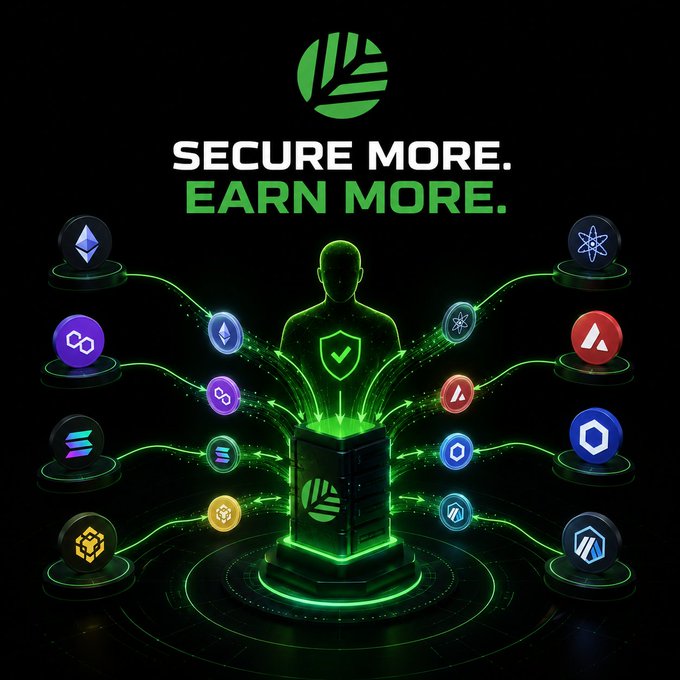 A cryptocurrency-themed graphic with 'SECURE MORE. EARN MORE.' text, depicting a glowing green figure surrounded by various crypto coin logos (Ethereum, Polygon, Solana, Avalanche) connected by energy lines.