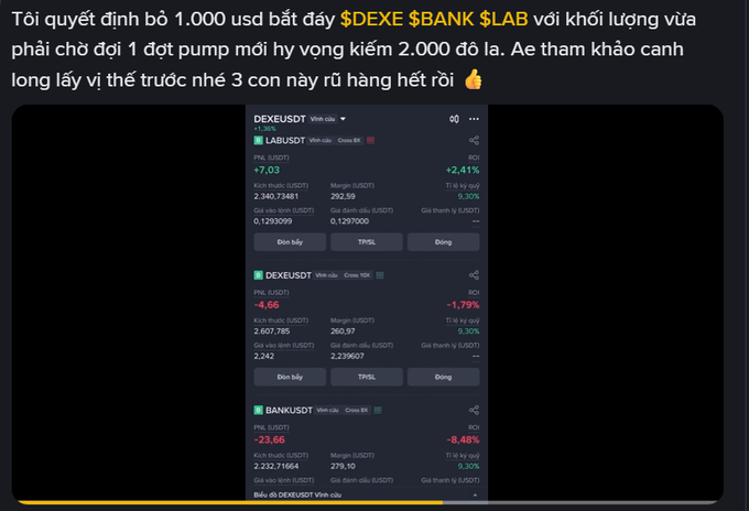 A screenshot of a Vietnamese trading post reading 'Tôi quyết định bỏ 1.000 usd bắt đáy $DEXE $BANK $LAB,' showing price charts for DEXEUSDT (+7.03%), DEXEUSDT (-4.66%), and BANKUSDT (-23.66%) on the Binance exchange.