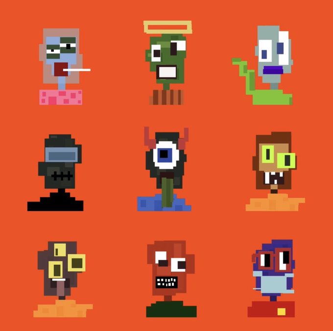 Nine pixel art monster characters with various designs (zombies, eyeballs, squids) arranged in a grid on an orange background.