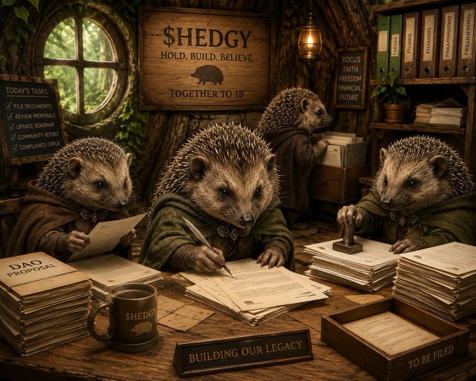 The image features three hedgehogs sitting at a desk with papers and books scattered around them. The hedgehogs are dressed up, wearing suits and ties, which adds a whimsical touch to the scene. They appear to be working on some documents or preparing for an event related to their hedge fund. The background of the image includes a window that provides natural light, creating a cozy atmosphere in the room.