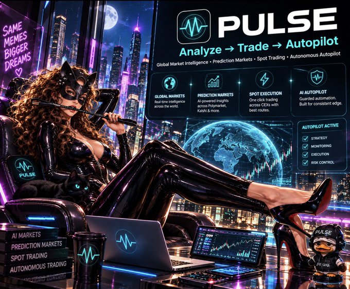 A promotional graphic for 'PULSE,' an AI trading platform featuring a cat-eared woman in black latex sitting beside trading charts, with a cityscape backdrop and sections for Global Markets, Prediction Markets, Spot Execution, and AI Autopilot.