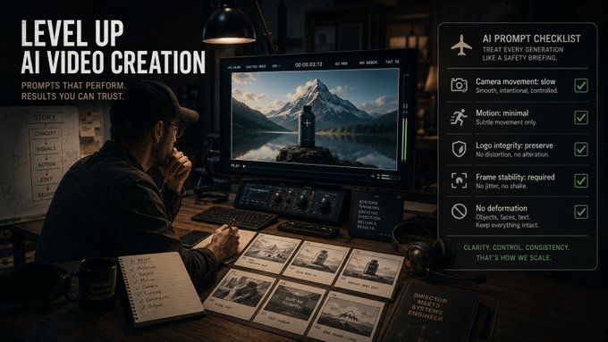 A 'Level Up AI Video Creation' graphic showing a director monitoring an AI-generated mountain scene, accompanied by an 'AI Prompt Checklist' covering camera movement, motion, logo integrity, frame stability, and no deformation.