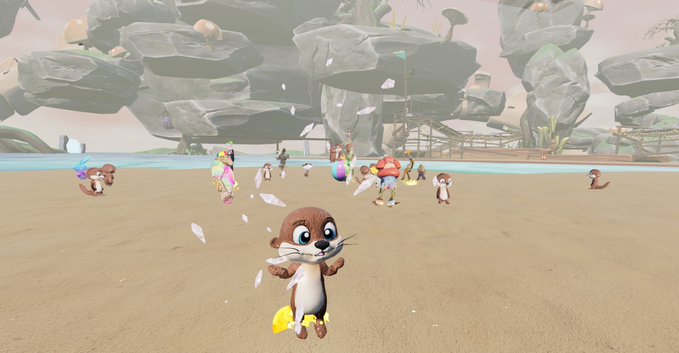 A player-controlled otter avatar stands in the foreground on a sandy beach amid floating crystals and other animal characters, capturing the playful, mischievous spirit of the Otterful Otters' ODK build experience highlighted in the post.