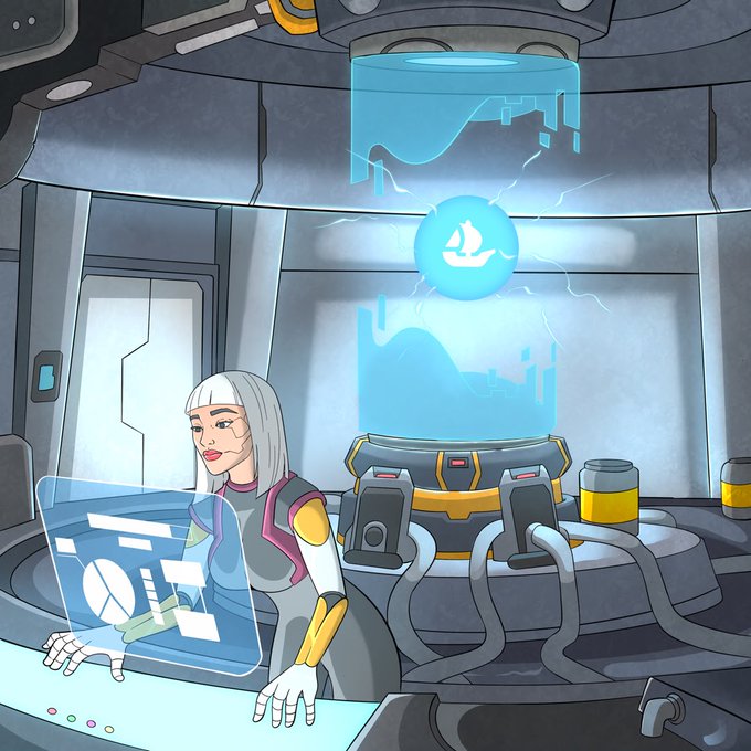 A digital cartoon illustration of a white-haired woman in futuristic attire working at a holographic computer terminal in a sci-fi laboratory with blue holographic displays.