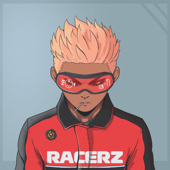 An anime-style digital illustration of a character with spiky orange hair wearing red racing goggles and a red jacket with the text 'RACERZ' across it.