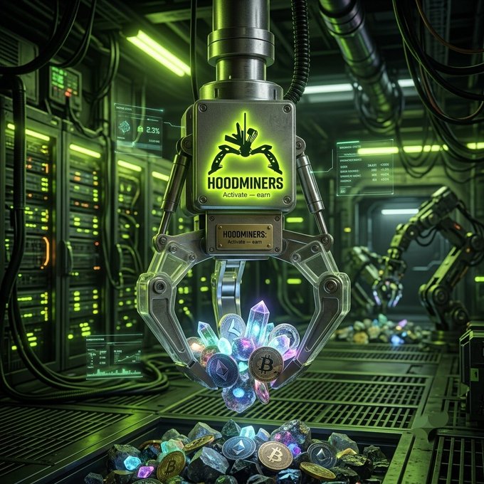 A robotic claw labeled "HOODMINERS - Activate - earn" grips glowing crystals and cryptocurrency coins in a futuristic, neon-green industrial setting.
