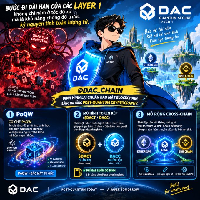 An anime-style infographic for "DAC Quantum Secure" Layer 1 blockchain, featuring a hero character with a shield defending against a quantum computing threat, and detailing PoQW, dual-token (SDACT/DACC), and cross-chain Ethereum/BNB Chain expansion.