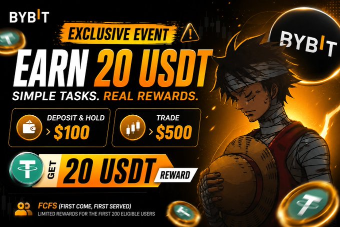 A poster or poster for an exclusive event that is happening bybit. The poster promotes a rewards program where users can earn 20 USDT tokens by completing simple tasks, which they can then use to trade for real rewards such as $100 worth of cryptocurrency, trading volume (at least 200), and more.