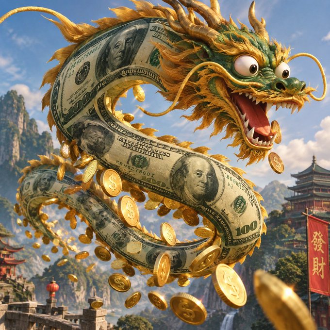A digital artwork of a Chinese dragon made of hundred-dollar bills coiling through the air, surrounded by gold coins, with a traditional Chinese landscape and temple in the background.