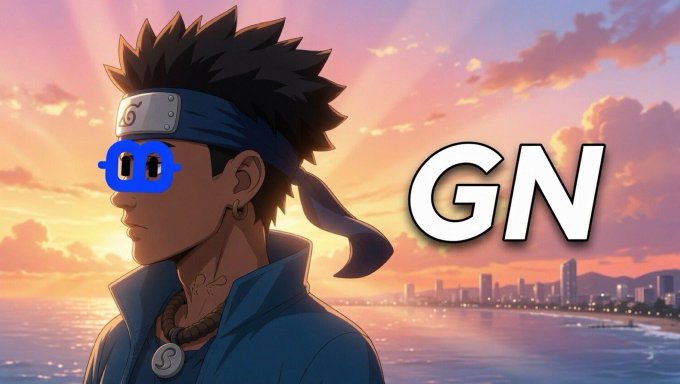 An anime character with a blue bandana stands in profile against a sunset coastal cityscape, with "GN" displayed in bold white text. The image's "Goodnight" greeting and warrior aesthetic visually reinforce the post's message about reputation and contribution as the true edge in crypto, framing it as a nightly reflection rather than just a sign-off.