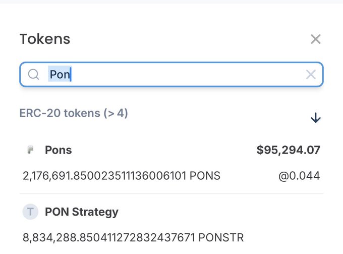 A token search interface displaying results for "Pon," showing ERC-20 tokens including Pons ($95,294.07 value, 2,176,691.85 PONS held) and PON Strategy (8,834,288.85 PONSTR), aligning with the post's mention of accumulating more $ponstr and $pons tokens.