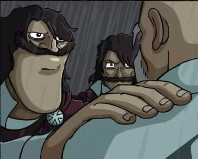 An animated scene showing two dark-haired men with mustaches confronting a bald man.