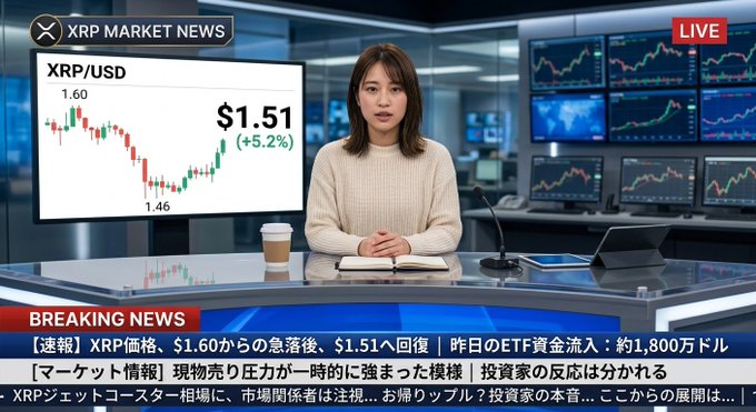 A live news broadcast from 'XRP MARKET NEWS' shows a female anchor reporting on XRP/USD breaking news, with the price dropping from $1.60 to $1.51 (a 5.2% decline) and Japanese text highlighting ETF inflows and market reactions.