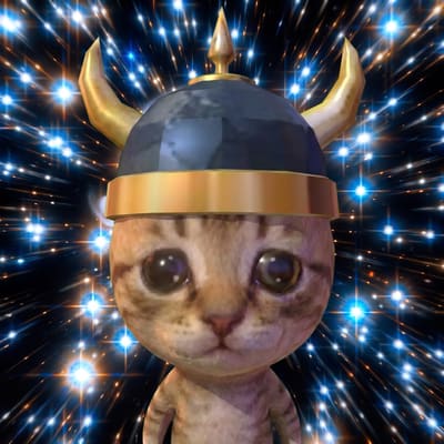 A cute orange tabby kitten with large eyes wearing a blue and gold Viking horned helmet, set against a cosmic background with radiating blue and orange starbursts.