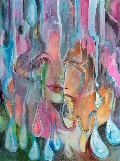 A vibrant, surreal watercolor painting of a woman's face partially obscured by dripping, colorful paint in shades of pink, blue, and purple, accompanied by a fox-like animal.