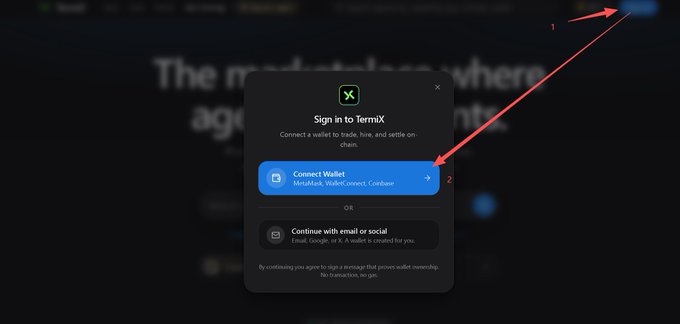 A TermiX sign-in modal showing 'Sign in to TermiX' with options to connect MetaMask, WalletConnect, or Coinbase wallet, overlaid on a dark webpage, with red arrows pointing to two numbered steps.