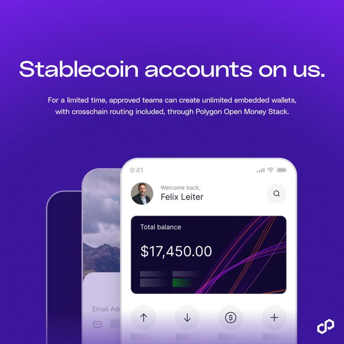 A purple advertisement for stablecoin accounts features a mobile app interface showing a welcome screen for 'Felix Leiter' with a total balance of $17,450.00.