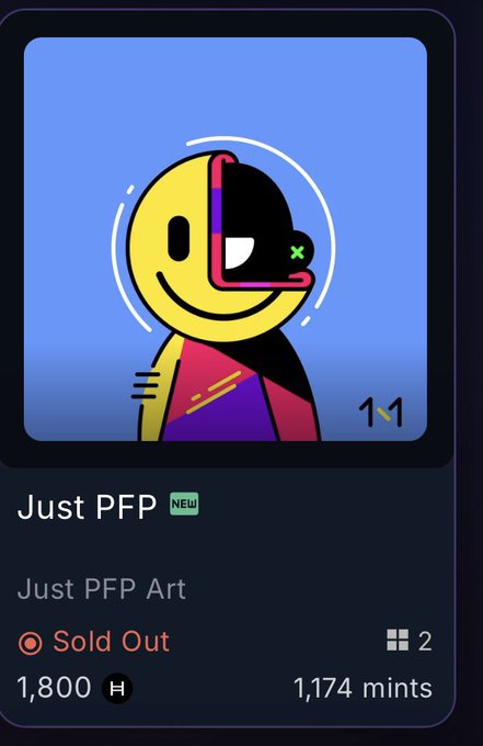A digital NFT listing on a marketplace showing "Just PFP" artwork featuring a stylized half-yellow, half-black smiling face with the number 11, marked as Sold Out at 1,800 H with 1,174 mints.