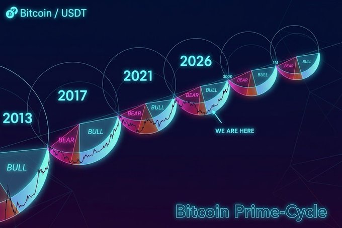 A graphic titled "Bitcoin Prime-Cycle" displays historical BTC/USDT bull and bear cycles from 2013 through a projected 2026, showing repetitive arc patterns with a "WE ARE HERE" marker indicating the final bull phase before a projected 1M peak, aligning with the post's message about being in the ultimate expansion stage of the cycle.
