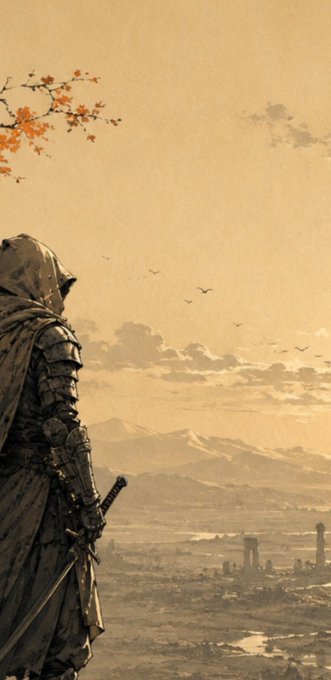 A sepia-toned fantasy digital painting of a hooded, armored figure with a sword looking out over a vast landscape of mountains, rivers, and a distant castle, with birds and red-leafed branches framing the scene.