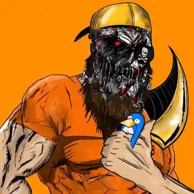 A stylized illustration shows a bearded man wearing a yellow cap and orange shirt, with a grotesque, skull-like monstrous face, holding a small blue bird-like character.