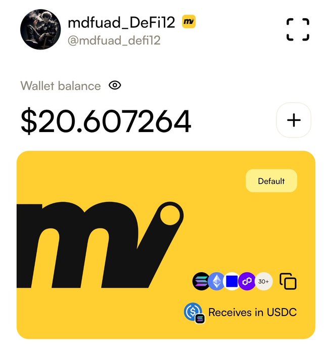 A mobile wallet screenshot showing the username 'mdfuad_DeFi12' (@mdfuad_defi12) with a wallet balance of '$20.607264' displayed above a yellow card featuring the 'mv' MiniVerse logo and 'Receives in USDC'.