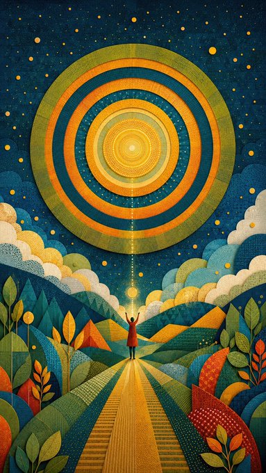 A colorful, stylized illustration of a person in red standing on a golden path reaching up toward a glowing, concentric circular celestial body in a starry night sky.