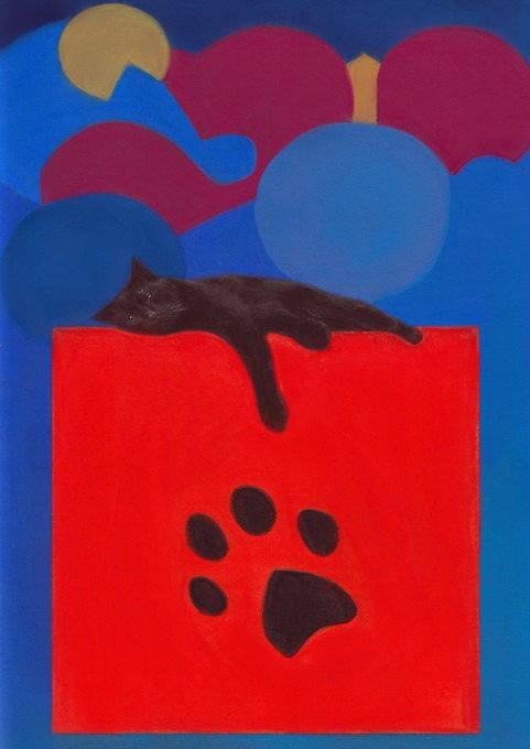 Colorful artistic painting featuring a black cat sleeping on top of a red rectangular block with a black paw print, set against a blue background with abstract shapes.