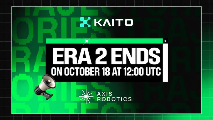 Promotional graphic with green background stating "KAITO - ERA 2 ENDS ON OCTOBER 18 AT 12:00 UTC" along with Axis Robotics branding.